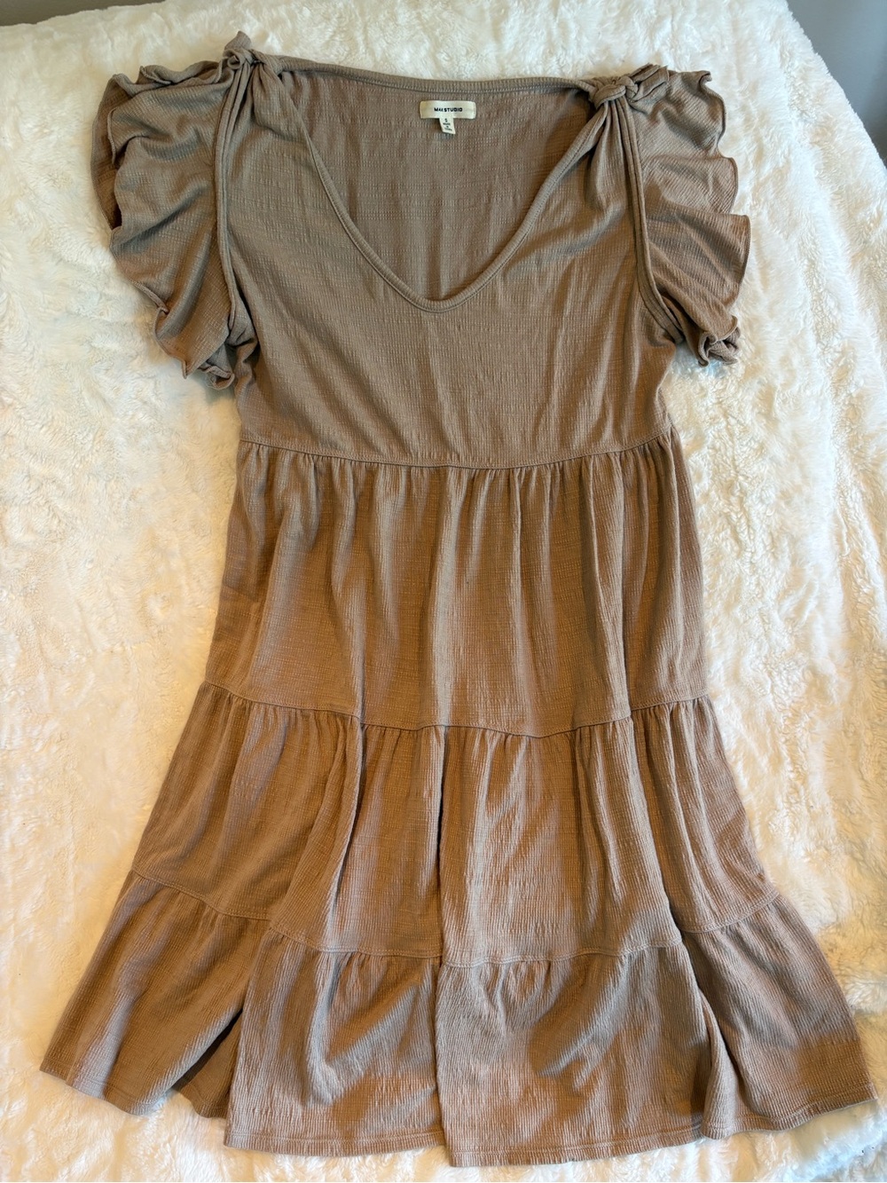 Max Studio Taupe Tiered Midi Dress with Ruffle Sleeves